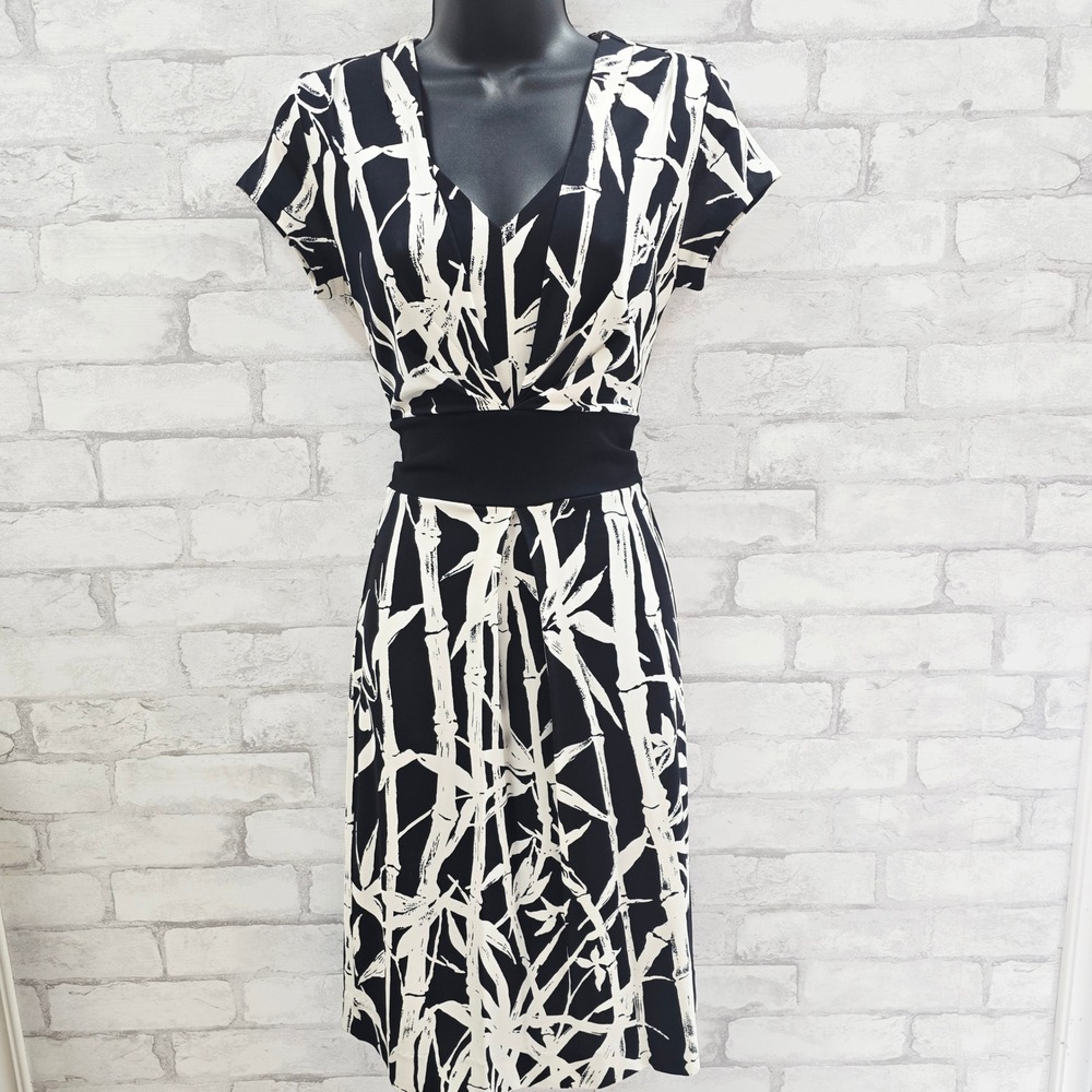 Talbots Petites Black White Bamboo Print V Neck Short Sleeve Dress‎ 2P